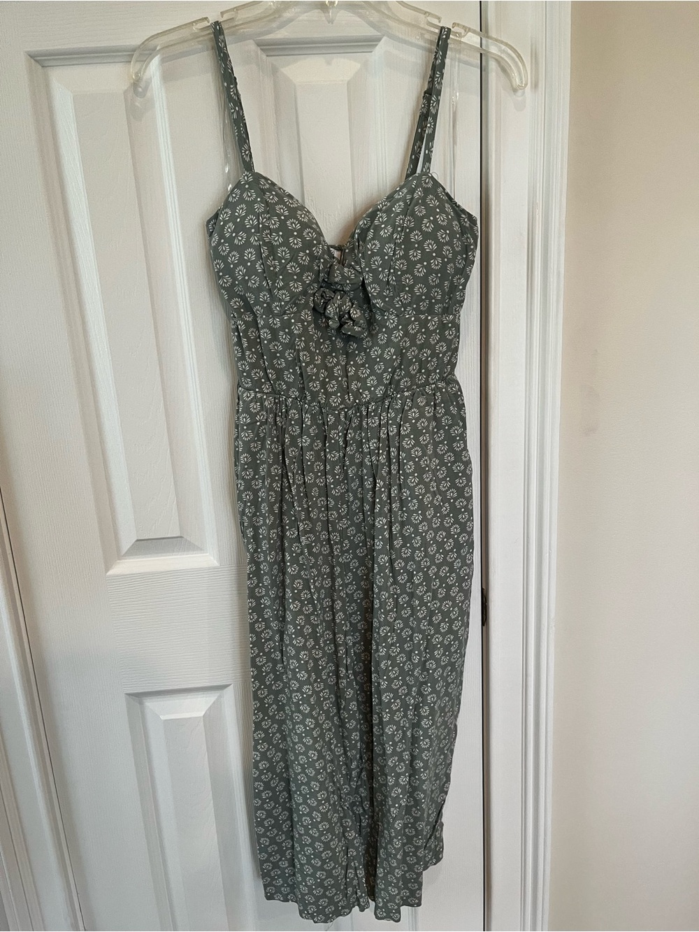 Floral Tie-Front Spaghetti Strap One Piece in Sage Green